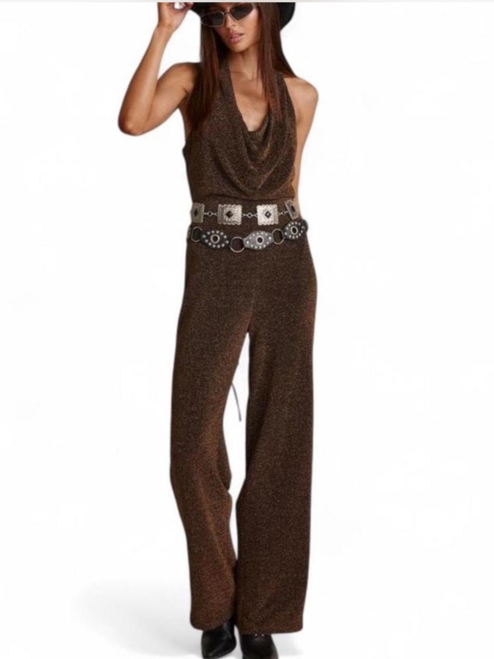 12th Tribe Metallic Brown/Gold Cowl-Neck Wide-Leg Jumpsuit